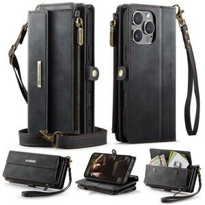 CaseMe Leather Folio Style Wallet Phone Case Zip Magnetic Close Card Slots